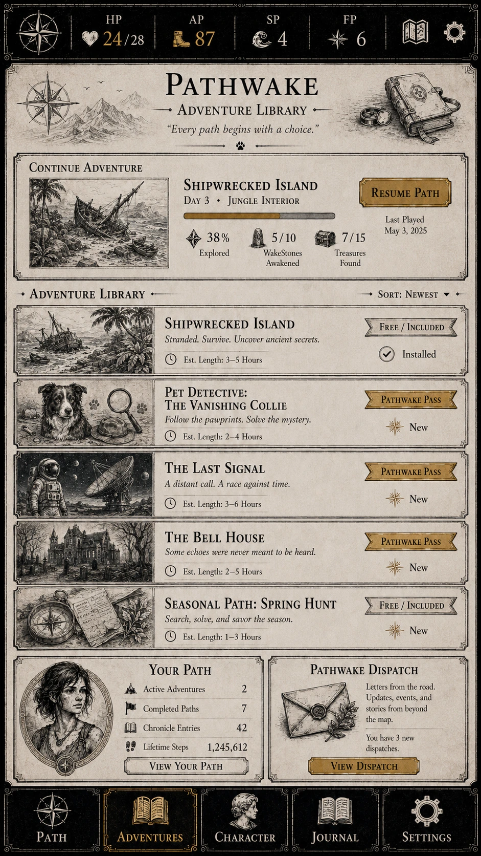 Pathwake Adventure Library screen showing a resumable adventure panel and a folio-style collection of illustrated adventure choices.