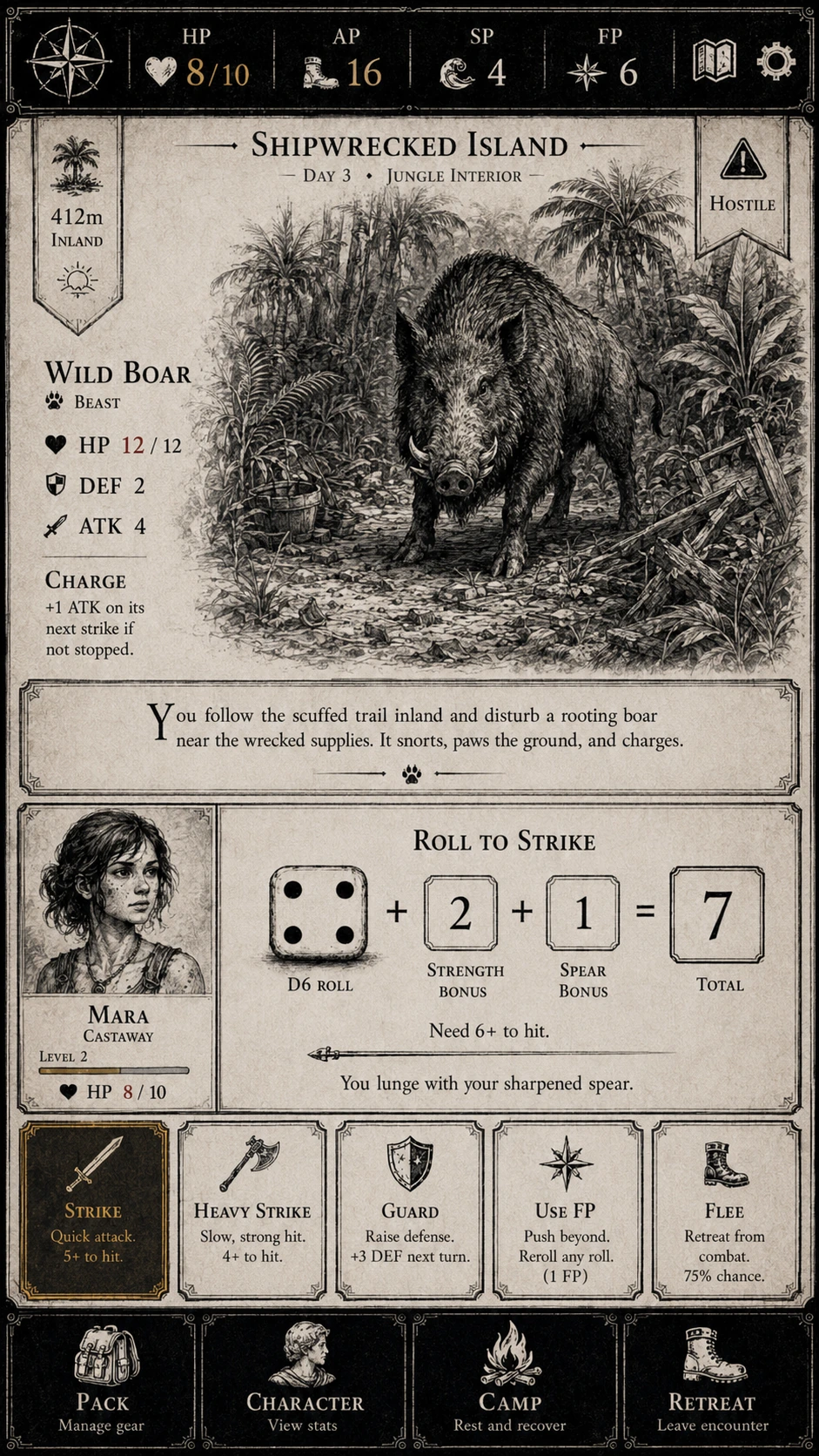 Pathwake Challenge Encounter screen showing an illustrated encounter, character and challenge information, action choices, and visible dice-based resolution.
