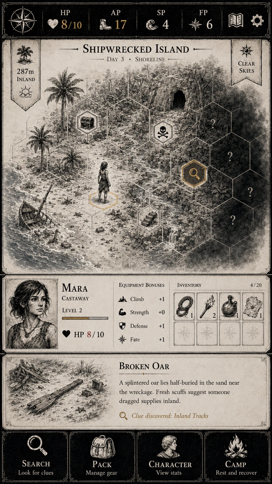 Pathwake Exploration screen showing a parchment-styled hex world with fog-of-war, HP/AP/SP/FP resource header, objectives, and exploration controls.