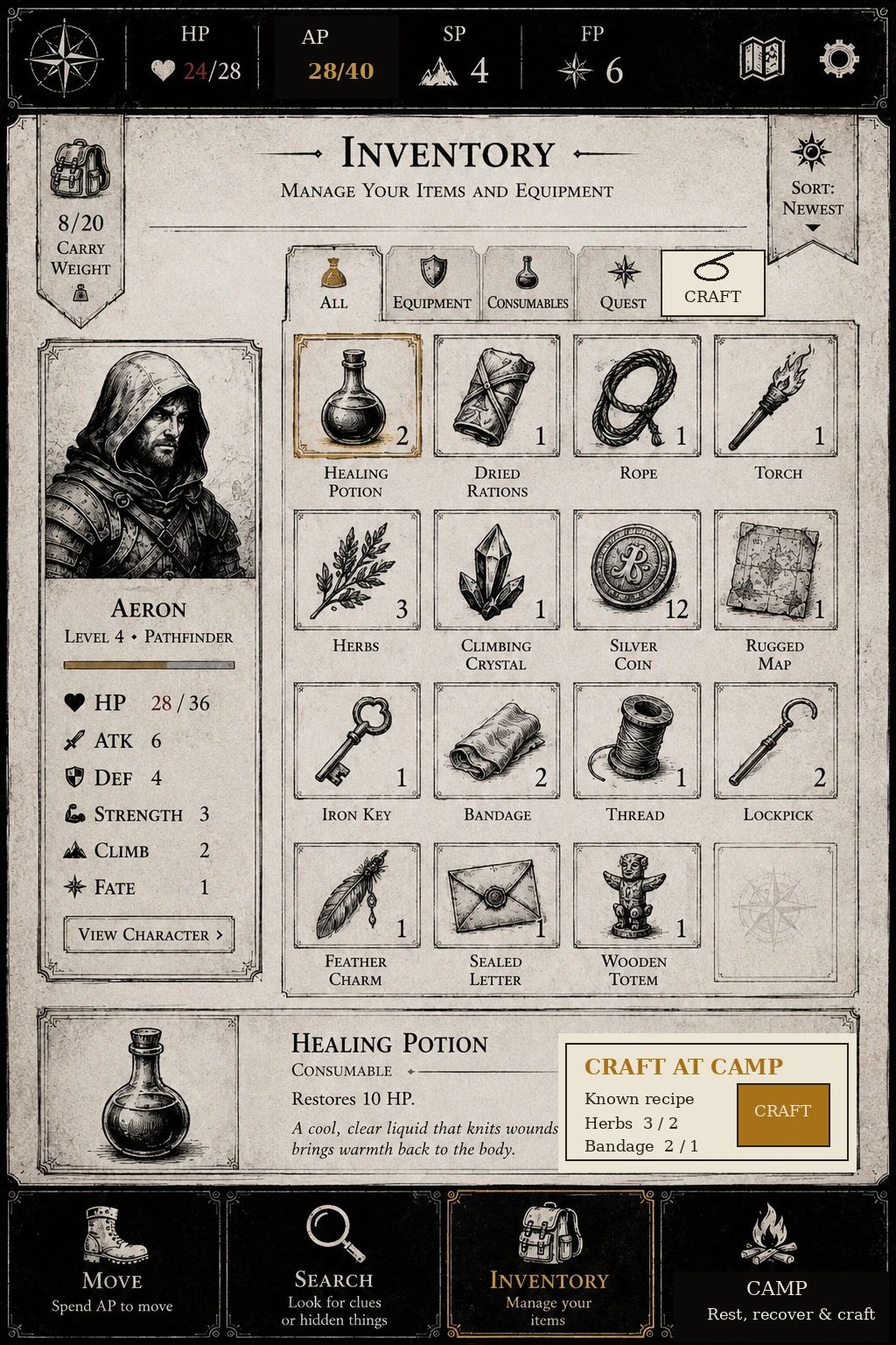 Pathwake Inventory screen showing categorized item tiles, selected-item details, character information, and the HP/AP/SP/FP resource header.